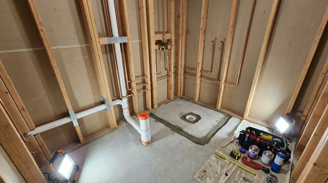 Bathroom rough-in plumbing during remodel by Johns Plumbing LLC in Mount Holly Springs