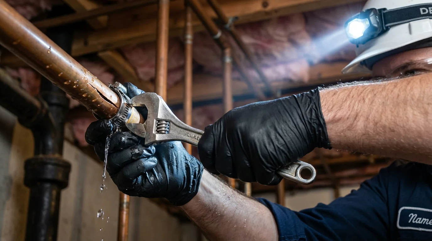 Emergency pipe clamp repair being performed by a Johns Plumbing LLC plumber in Mount Holly Springs