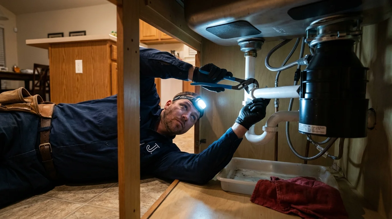 P-trap and supply line connections under a kitchen sink showing a common leak point in Mount Holly Springs, PA